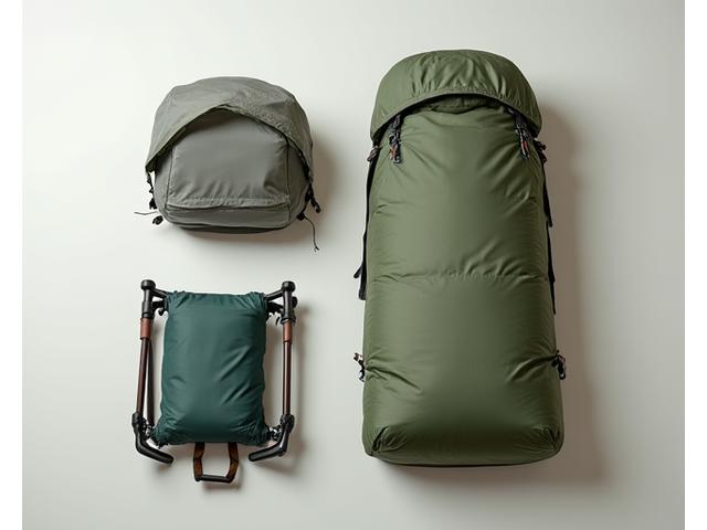 A collection of essential, budget-friendly camping gear laid out neatly, including a tent, sleeping bag, and chair, emphasizing affordability without sacrificing quality.