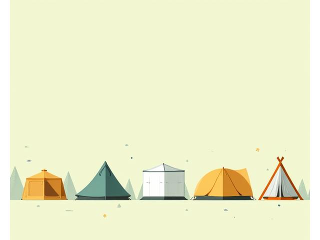 Illustrations of various tent types: dome tent, tunnel tent, cabin tent, pop-up tent, all against a natural, green backdrop.