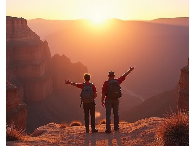 Hikers standing at the rim of the Grand Canyon, looking into the vast expanse