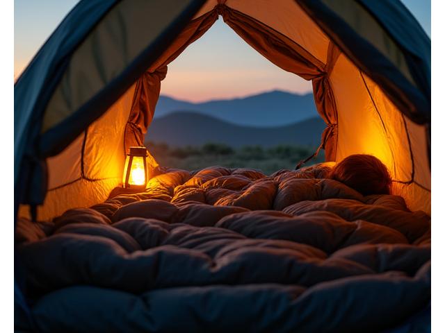 A person comfortably nestled in a warm, insulated sleeping bag inside a tent, illuminated by a headlamp, suggesting coziness in the outdoors.