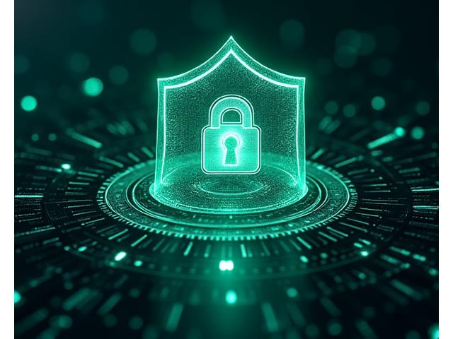 Illustration of layered digital security elements, firewalls, and encryption symbols. Showing secure data transfer.