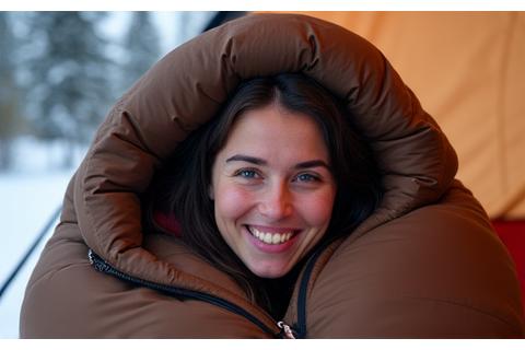 Sarah M. smiling from inside a cozy sleeping bag in a snowy forest.