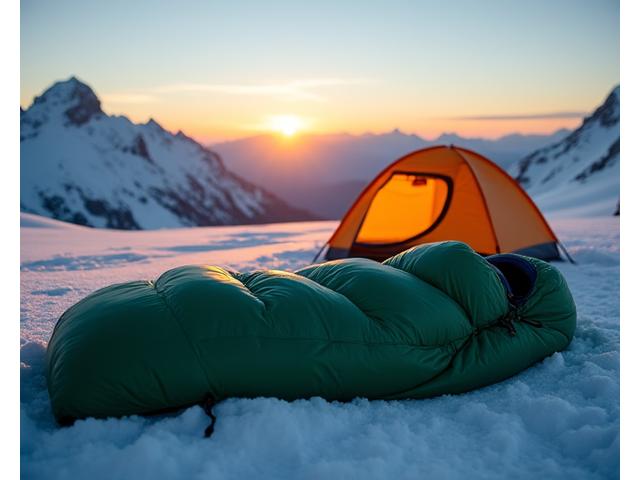 Expedition sleeping bag in a snowy mountain campsite at dawn