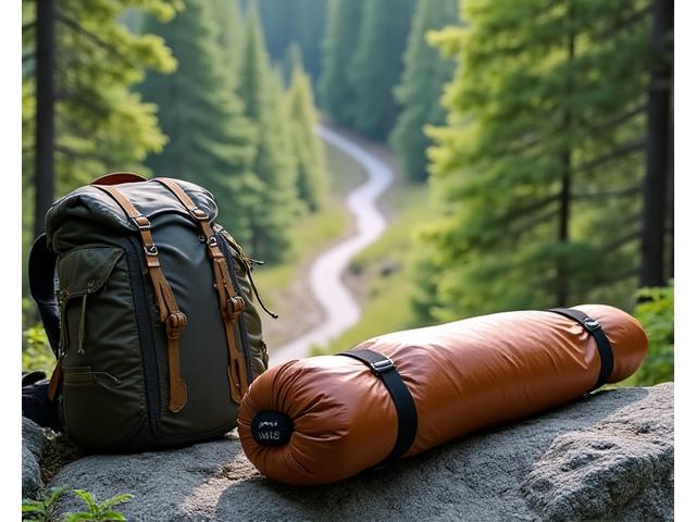 Lightweight backpacking sleeping bag rolled up next to a backpack on a hiking trail