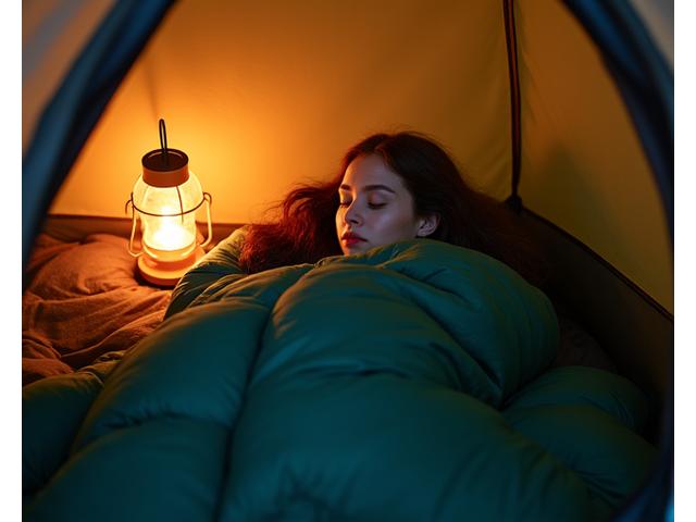 Woman comfortably sleeping in a specialized women's fit sleeping bag inside a tent